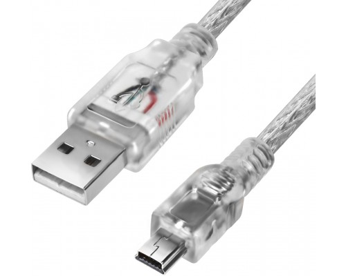 Кабель Greenconnect  PROF 5.0m USB 2.0, AM/mini 5P, прозрачный, ферритовые кольца, 28/24 AWG, экран, армированный, морозостойкий, GCR-UM1M5P-BD2S-5.0m