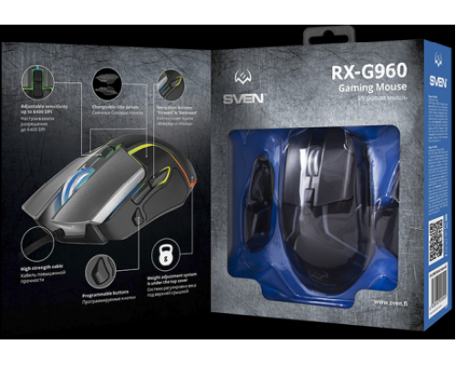 Игровая мышь SVEN RX-G960 (7+1кл. 500-6400 DPI, ПО, грузики, подсветка, сменные панели, игров. упак)