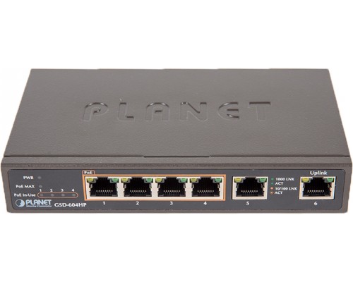 Коммутатор PLANET 4-Port 10/100/1000T 802.3at POE + 2-Port 10/100/1000T Desktop Switch (55W POE Budget, External Power Supply)