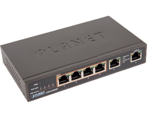 Коммутатор PLANET 4-Port 10/100/1000T 802.3at POE + 2-Port 10/100/1000T Desktop Switch (55W POE Budget, External Power Supply)