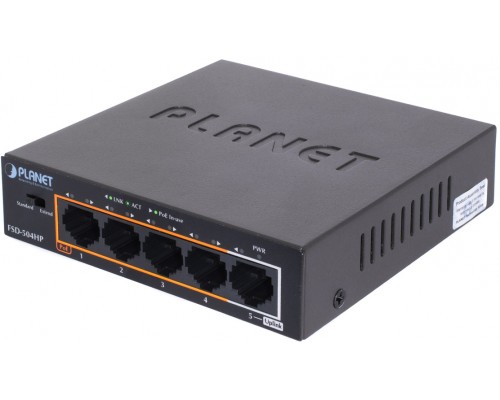 Коммутатор PLANET 4-Port 10/100Mbps 802.3af/at POE + 1-Port 10/100MBPS Desktop Switch (60W POE Budget, External Power Supply)