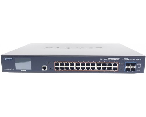 Коммутатор PLANET L2+/L4 24-Port 10/100/1000T 802.3at PoE + 4-Port 10G SFP+ Managed Switch with Color LCD Touch Screen, Hardware Layer3 IPv4/IPv6 Static Routing (600W PoE Budget, ONVIF)