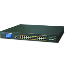 Коммутатор PLANET L2+/L4 24-Port 10/100/1000T 802.3at PoE + 4-Port 10G SFP+ Managed Switch with Color LCD Touch Screen, Hardware Layer3 IPv4/IPv6 Static Routing,  W/ 48V Redundant Power (600W PoE Budget, ONVIF)                                        