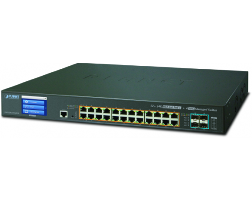 Коммутатор PLANET L2+/L4 24-Port 10/100/1000T 802.3at PoE + 4-Port 10G SFP+ Managed Switch with Color LCD Touch Screen, Hardware Layer3 IPv4/IPv6 Static Routing,  W/ 48V Redundant Power (600W PoE Budget, ONVIF)