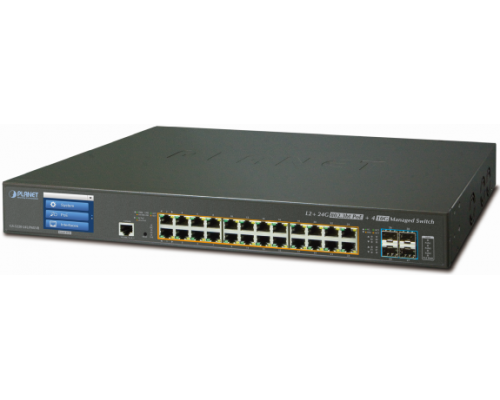 Коммутатор PLANET L2+/L4 24-Port 10/100/1000T 75W Ultra PoE + 4-Port 10G SFP+ Managed Switch with Color LCD Touch Screen, Hardware Layer3 IPv4/IPv6 Static Routing,  W/ 48V Redundant Power (400W PoE Budget, ONVIF)