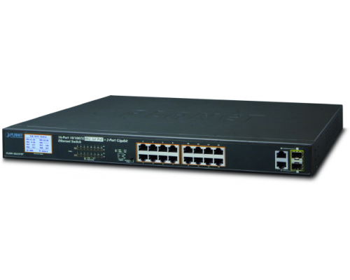 Коммутатор PLANET 16-Port 10/100TX 802.3at PoE + 2-Port Gigabit TP/SFP Combo Ethernet Switch with LCD PoE Monitor (300W)