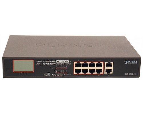 Коммутатор PLANET 8-Port 10/100/1000T 802.3at PoE + 2-Port 10/100/1000T Desktop Switch with LCD PoE Monitor (120W PoE Budget, Standard/VLAN/Extend mode)