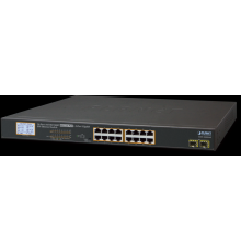 Коммутатор PLANET 16-Port 10/100/1000T 802.3at PoE + 2-Port 1000SX SFP Gigabit Switch with LCD PoE Monitor (300W PoE Budget, Standard/VLAN/Extend mode)                                                                                                   