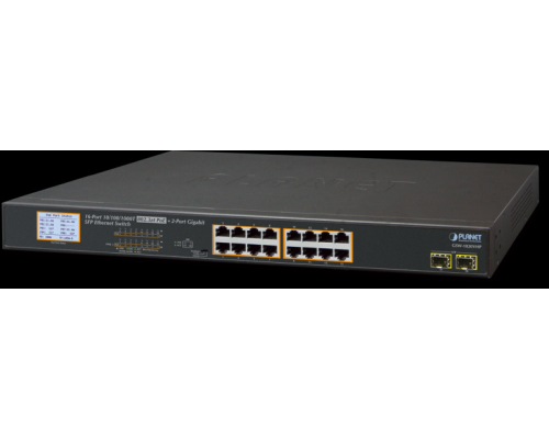 Коммутатор PLANET 16-Port 10/100/1000T 802.3at PoE + 2-Port 1000SX SFP Gigabit Switch with LCD PoE Monitor (300W PoE Budget, Standard/VLAN/Extend mode)