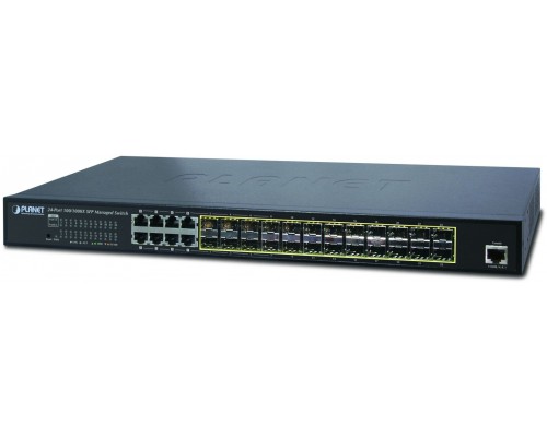 Коммутатор PLANET L2+/L4 24-Port 100/1000X SFP with 8 Shared TP Managed Switches, with Hardware Layer3 IPv4/IPv6 Static Routing, W/ 48V Redundant Power