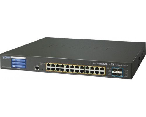 Коммутатор PLANET L2+/L4 24-Port 10/100/1000T 75W Ultra PoE with 4 shared SFP + 4-Port 10G SFP+ Managed Switch, with Hardware Layer3 IPv4/IPv6 Static Routing (400W PoE Budget, ONVIF)