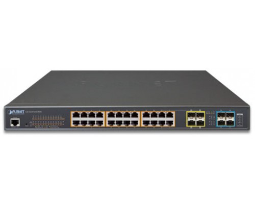 Коммутатор PLANET L2+/L4 24-Port 10/100/1000T 75W Ultra PoE with 4 shared SFP + 4-Port 10G SFP+ Managed Switch, with Hardware Layer3 IPv4/IPv6 Static Routing,  W/ 48V Redundant Power (400W PoE Budget, ONVIF)