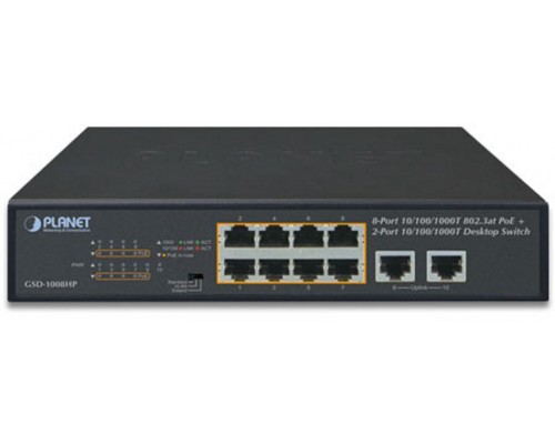 Коммутатор PLANET 8-Port 10/100/1000T 802.3at PoE + 2-Port 10/100/1000T Desktop Switch (120W PoE Budget, Standard/VLAN/Extend mode, 10-inch and rack-mountable)