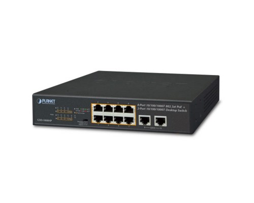 Коммутатор PLANET 8-Port 10/100/1000T 802.3at PoE + 2-Port 10/100/1000T Desktop Switch (120W PoE Budget, Standard/VLAN/Extend mode, 10-inch and rack-mountable)