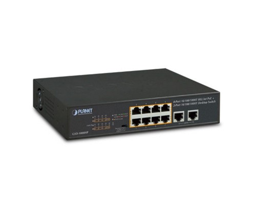 Коммутатор PLANET 8-Port 10/100/1000T 802.3at PoE + 2-Port 10/100/1000T Desktop Switch (120W PoE Budget, Standard/VLAN/Extend mode, 10-inch and rack-mountable)