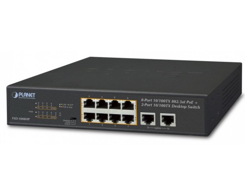 Коммутатор PLANET 8-Port 10/100TX 802.3at PoE + 2-Port 10/100TX Desktop Switch (120W PoE Budget, Standard/VLAN/Extend mode, fanless, 10-inch and rack-mountable)