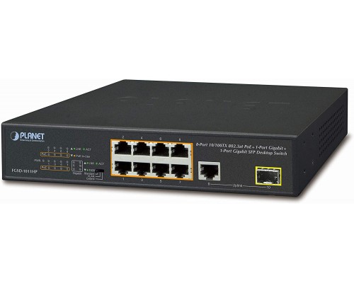 Коммутатор 8-Port 10/100TX 802.3at PoE + 1-Port 10/100/1000T + 1-Port 100/1000X SFP Desktop Switch (120W PoE Budget, Standard/VLAN/Extend mode, 10-inch and rack-mountable)