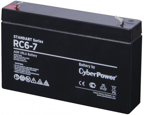 Аккумулятор для ИБП Battery CyberPower Standart series RС 6-7, voltage 6V, capacity (discharge 20 h) 7Ah, max. discharge current (5 sec) 105A, max. charge current 2.1A, lead-acid type AGM, terminals F1, LxWxH 151x34x94mm., full height with terminals
