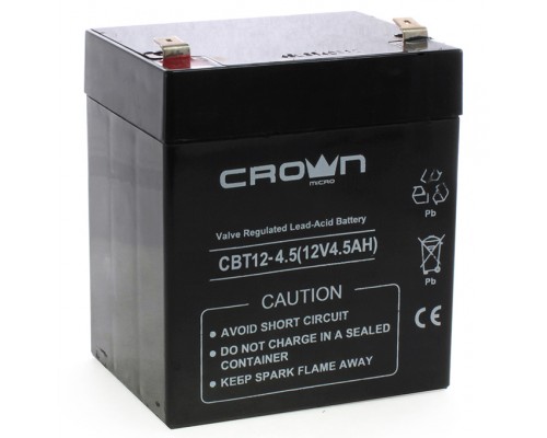 Аккумулятор для ИБП CROWN Battery voltage 12V, capacity 4.5 A / W, dimensions (mm) 151h65h95, weight 1.5 kg, the type of terminal - the F2, type of battery - Lead-acid with suspended electrolyte gel, the service life of 6 years