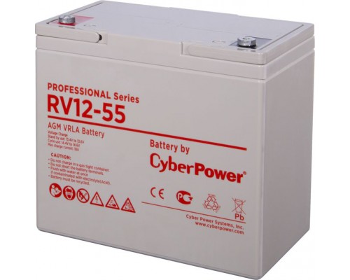 Аккумулятор для ИБП Battery CyberPower Professional series RV 12-55, voltage 12V, capacity (discharge 20 h) 60Ah, capacity (discharge 10 h) 55.6Ah, max. discharge current (5 sec) 660A, max. charge current 17A, lead-acid type AGM, terminals under bolt