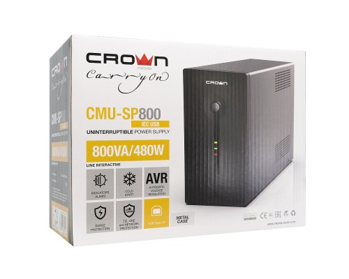 ИБП CROWN 510Ватт (1x12V.9AH) 4*IEC+1*IEC bybass (Отключаемый кабель 1.2м) 76X45 Transformer W/ AVR with RJ 11/45