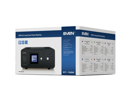 ИБП UPS SVEN RT-1000 line interactive continuous long-time backup, automatic voltage regulator, 600W, 1000VA, 2 outlets, batteries not included, 300mm x 270mm x 140mm, 9.9 kg