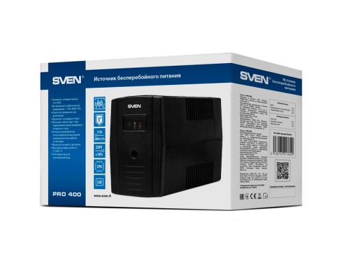 ИБП UPS SVEN Pro 400, linear-interactive, automatic voltage regulator, 240W, 400Va, 2 eurosockets, black, dimensions 100 х 295 х 145mm, 3.6kg.