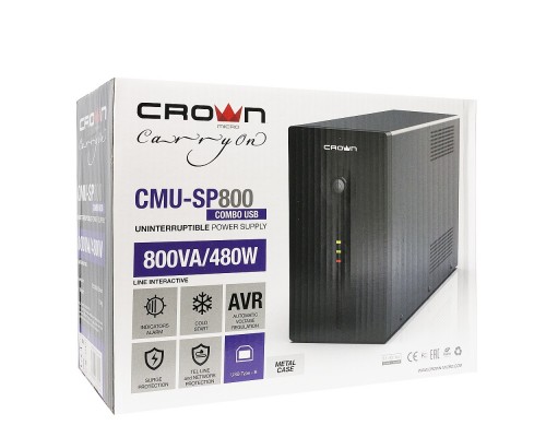 ИБП UPS CROWN 800VA/480W, metal, 1x12V/9AH, 4*IEC + 1*EURO sockets +1*IEC bybass, AVR 140-290V, 1.8m cable, RJ11/45, USB port