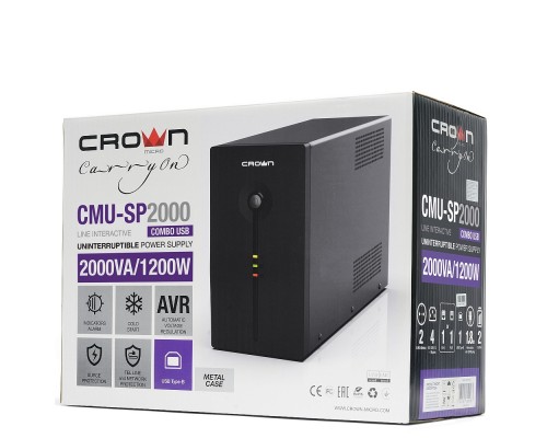 ИБП UPS CROWN 2000VA/1200W, металл, 2x12V/9AH, розетки 4*IEC + 2*EURO+1*IEC bybass, трансформатор AVR 140-290V, съёмный кабель 1.8 м, фильтр телефонной и ethernet линии RJ-11/45, USB-порт, защита батареи, от перегрузки, от КЗ, ПО