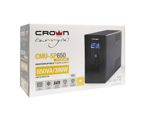 ИБП CROWN 650VA/390W, корпус металл, 1x12V/7AH, выходные розетки 6*IEC С13, трансформатор AVR 140-290V, cъёмный кабель 1.8 м, порт RJ-11/45, порт USB, LCD-экран, защита батареи от полного разряда, от перегрузки, от КЗ, ПО