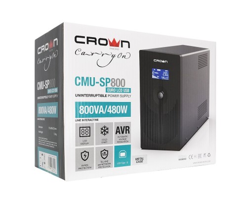 ИБП UPS CROWN 800VA/480W (1x12V/9AH) TOWER, AVR 140-290V, 4*EURO+1*IEC С13 bybass, RJ45/11, USB, LED-indication