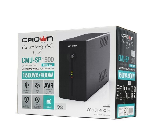 ИБП UPS CROWN 1500VA/900W, металл, 2x12V/9AH, розетки 4*EURO+1*IEC bybass, трансформатор AVR 140-290V, съёмный кабель 1.8 м, фильтр телефонной и ethernet линии RJ-11/45, USB-порт, защита батареи, от перегрузки, от КЗ, ПО