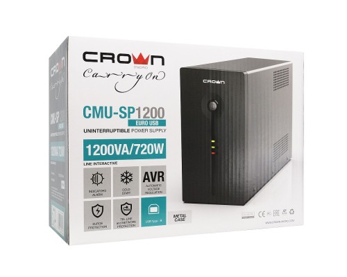 ИБП UPS CROWN 1200VA/720W, metal, 2x12V/9AH, 4*EURO+1*IEC bybass, AVR 140-290V, removable cable 1.8 м, RJ-11/45, USB, LED indication, battaries protection