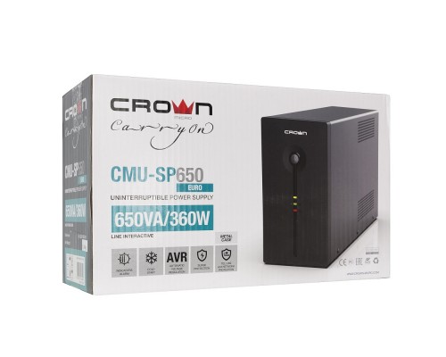 ИБП UPS CROWN 650VA/360W, металл, 1x12V/7AH, розетки 3*EURO, трансформатор AVR 140-290V, съёмный кабель 1.5 м, фильтр телефонной и ethernet линии RJ-11 и RJ-45, защита батареи, от перегрузки, от КЗ