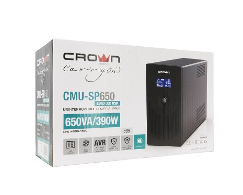 ИБП CROWN 650VA/390W, корпус металл, 1x12V/7AH, выходные розетки 2*EURO, трансформатор AVR 140-290V, cъёмный кабель 1.8 м, порт RJ-11/45, порт USB, LCD-экран, защита батареи от полного разряда, от перегрузки, от КЗ, ПО