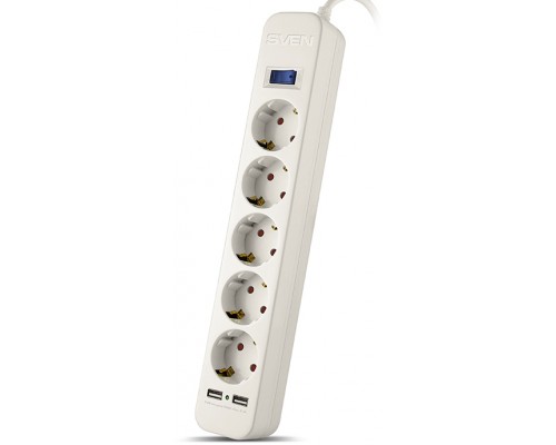 Сетевой фильтр Surge protector SVEN SF-05LU 1,8 м (5 евро розеток,2 USB) белый, цветная коробка