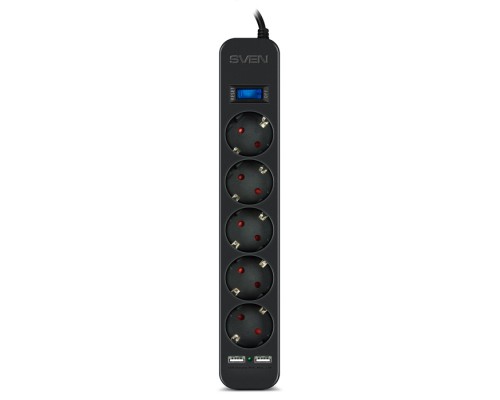 Сетевой фильтр Surge protector SVEN SF-05LU 3.0 м (5 евро розеток,2*USB(2,4А)) черный, цветная коробка