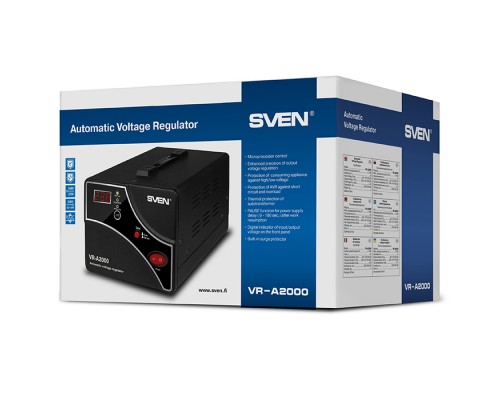 Стабилизатор Stabilizer SVEN VR-A2000, Relay, 2000VA, 1200W, 140-275v, 2 euro outlets, black, 250 ? 165 ? 189mm, 4.58kg.