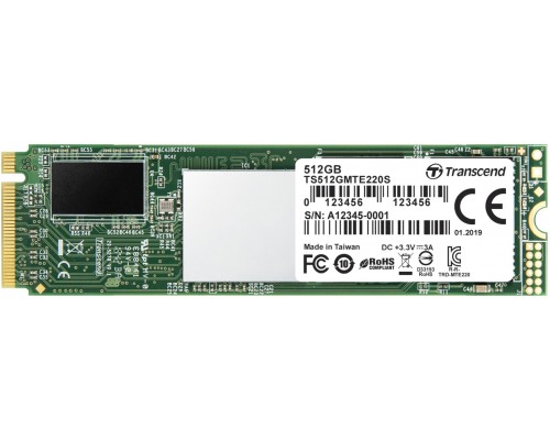 Накопитель SSD Transcend MTE220S SSD 512GB, 3D TLC, M.2 (2280), PCIe Gen 3.0 x4, NVMe, R3300/W2100, TBW 1100