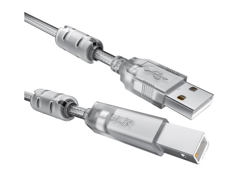 Кабель GCR PROF 3.0m USB 2.0, AM/BM, прозрачный, ферритовые кольца, 28/24 AWG, экран, армированный, морозостойкий, GCR-52424