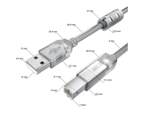 Кабель GCR PROF 3.0m USB 2.0, AM/BM, прозрачный, ферритовые кольца, 28/24 AWG, экран, армированный, морозостойкий, GCR-52424