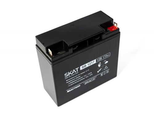 Комплект сменных батарей SKAT SB 1217, 12V, 17Ah, maximum charge current 5.1 A. Terminal type - B1 (for M5 bolt with nut). Case size - 77x180x168. Weight - 4.9 kg. Service life - 6 years. Warranty - 18 months.