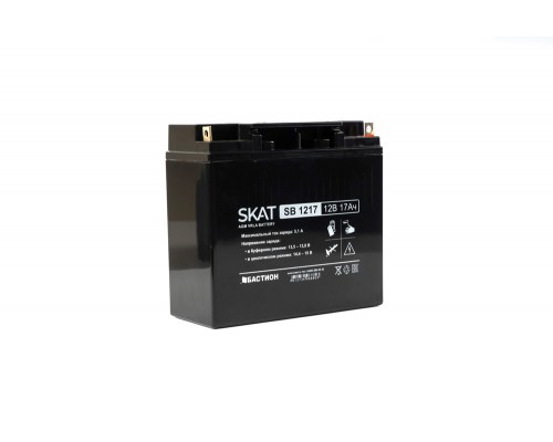 Комплект сменных батарей SKAT SB 1217, 12V, 17Ah, maximum charge current 5.1 A. Terminal type - B1 (for M5 bolt with nut). Case size - 77x180x168. Weight - 4.9 kg. Service life - 6 years. Warranty - 18 months.