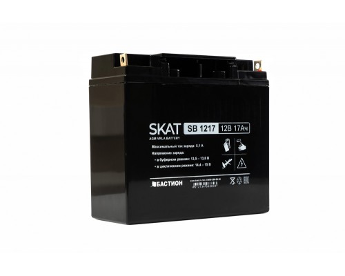 Комплект сменных батарей SKAT SB 1217, 12V, 17Ah, maximum charge current 5.1 A. Terminal type - B1 (for M5 bolt with nut). Case size - 77x180x168. Weight - 4.9 kg. Service life - 6 years. Warranty - 18 months.