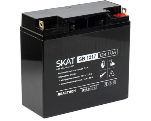 Комплект сменных батарей SKAT SB 1217, 12V, 17Ah, maximum charge current 5.1 A. Terminal type - B1 (for M5 bolt with nut). Case size - 77x180x168. Weight - 4.9 kg. Service life - 6 years. Warranty - 18 months.