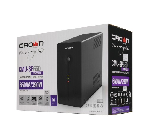 Источник Бесперебойного Питания UPS CROWN 650VA/390W, металл, 1x12V/7AH, розетки 3*IEC + 2*EURO, трансформатор AVR 140-290V, COM порт USB, съёмный кабель 1.8м, фильтр телефонной и ethernet линии RJ-11/45, USB-порт, защита батареи, от перегрузки, от К