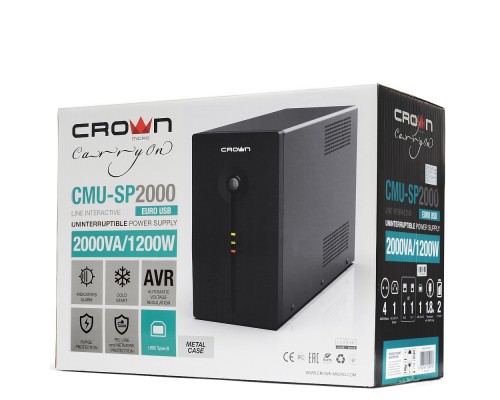 Источник Бесперебойного Питания UPS CROWN 2000VA/1200W, металл, 2x12V/9AH, розетки 4*EURO+1*IEC bybass, трансформатор AVR 140-290V, съёмный кабель 1.8 м, фильтр телефонной и ethernet линии RJ-11/45, USB-порт, защита батареи, от перегрузки, от КЗ, ПО