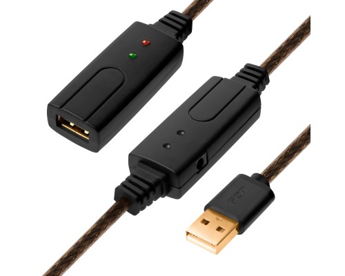 Удлинитель Greenconnect  USB 2.0 с 2-мя акивными усилителями сигнала 15.0m Premium, AM/AF 24/22 AWG экран, армированный, морозостойкий, разъём для доп.питания, GCR-UEC3M21-BD2S-15.0m