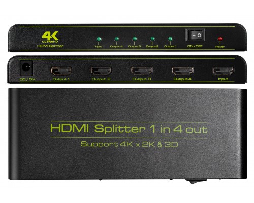 Разветвитель Greenconnect  v1.4 HDMI 1на 4 выхода, 4K2K 30Hz /1080p 120Hz + индикация серия Greenline GL-v104C