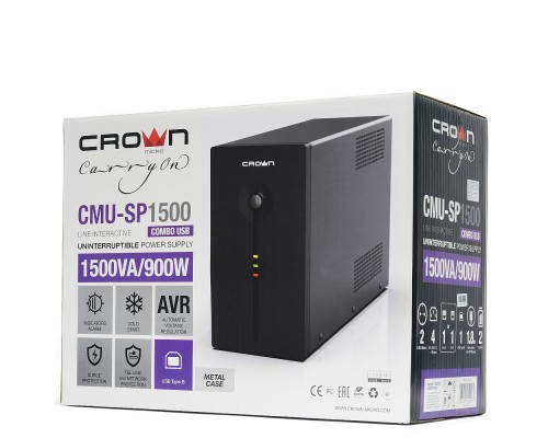 ИБП UPS CROWN 1500VA/900W, металл, 2x12V/9AH, розетки 4*IEC + 2*EURO+1*IEC bybass, трансформатор AVR 140-290V, съёмный кабель 1.8 м, фильтр телефонной и ethernet линии RJ-11/45, USB-порт, защита батареи, от перегрузки, от КЗ, ПО